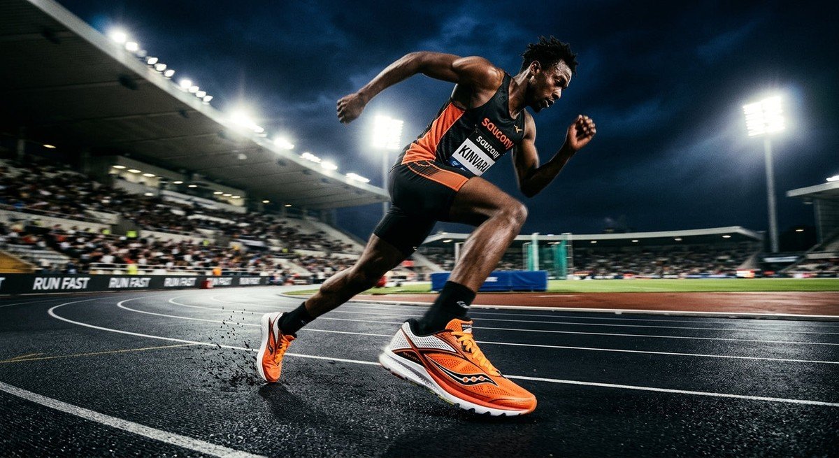 A professional action shot of the Saucony Kinvara 17 in a high-contrast stadium setting with dramatic lighting and motion blur.