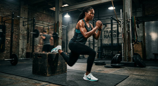A professional runner performing a single-leg Bulgarian split squat in a dimly lit, moody industrial gym with cinematic stadium lighting and high-speed motion blur.