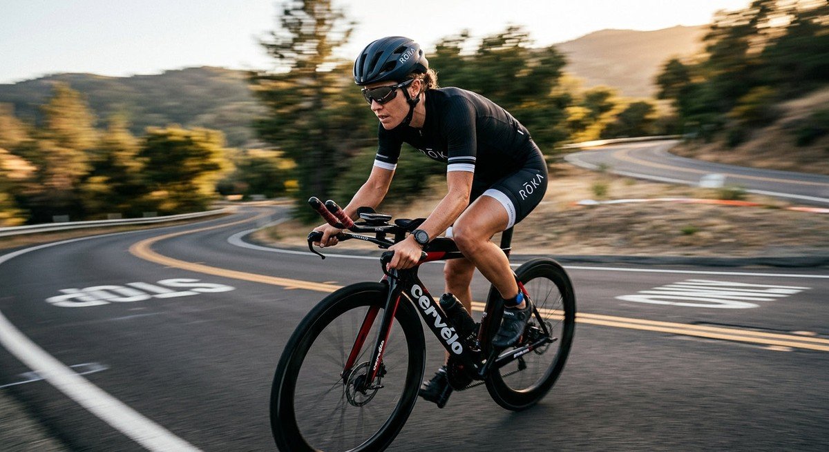 A professional triathlete wearing Roka SR-1X sunglasses during a high-speed cycling sprint with motion blur background.