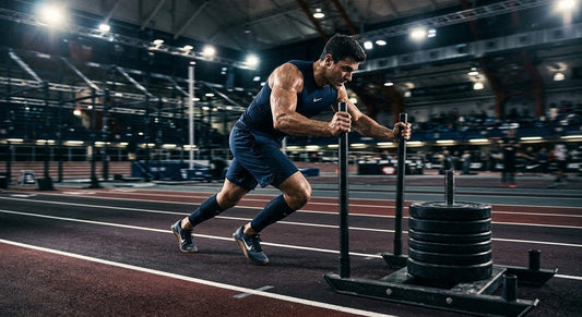 A muscular athlete pushing a heavy sled on a professional indoor track under dramatic, cinematic stadium lighting with motion blur.