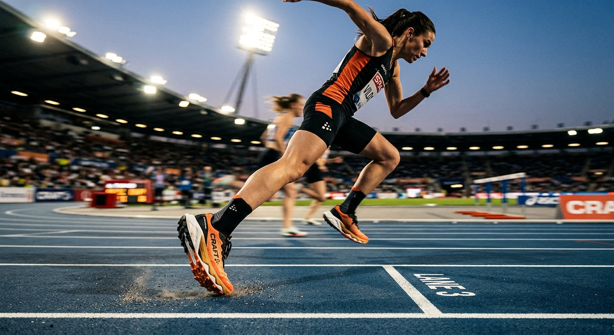 A professional high-speed action shot of a runner wearing the Craft Vild, featuring motion blur, cinematic stadium lighting, and sharp focus on the shoe's innovative midsole geometry.