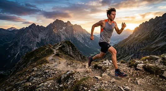 Professional high-speed action shot of a runner wearing Salomon XT-4 sneakers on a rugged mountain trail with cinematic lighting.