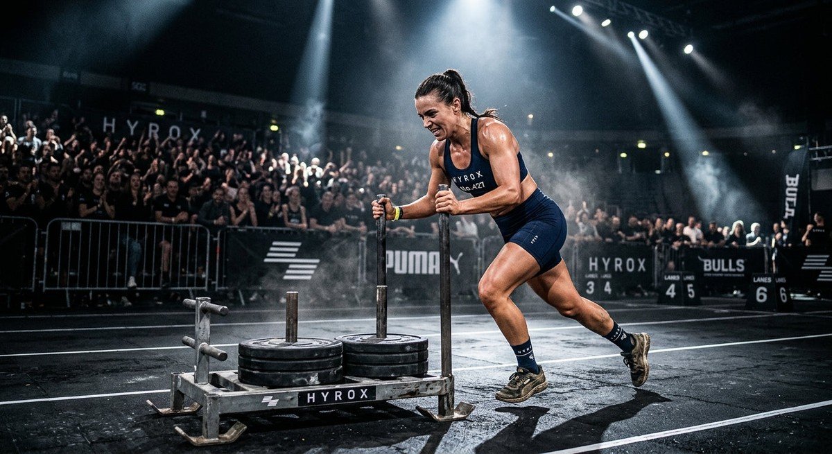 A professional action shot of a Hyrox athlete pushing a heavy sled across a dark, dramatic stadium floor under cinematic spotlights.