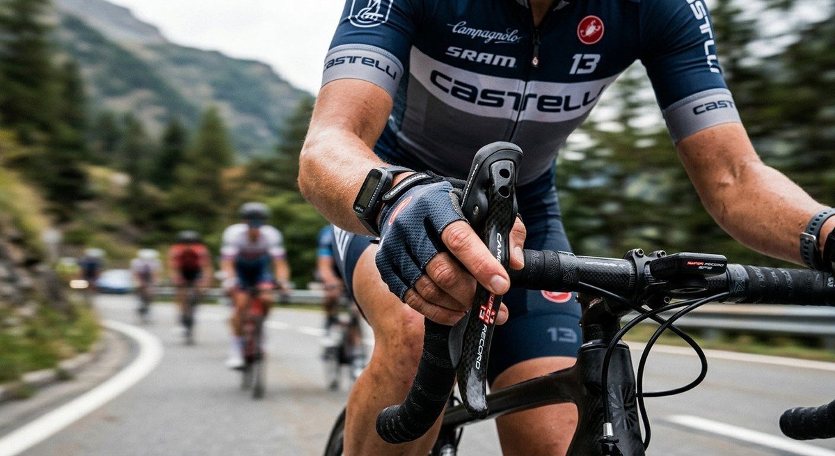Close-up high-speed action shot of a professional cyclist's hand shifting the Campagnolo Record 13 wireless lever with motion blur in the background.