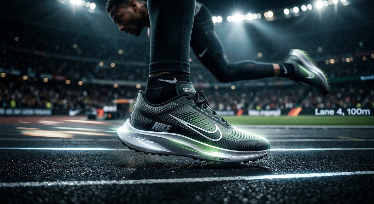 A sleek, high-speed side profile of the Nike Pegasus Premium 2.0 in a dark, moody studio with sharp stadium lighting reflecting off the midsole.