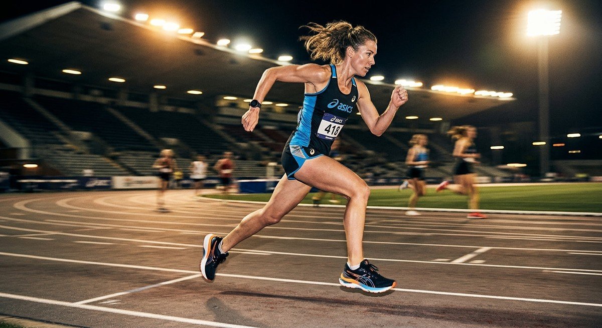 Professional high-speed action shot of a runner wearing ASICS Gel-Kayano 31 shoes on a track with motion blur and cinematic stadium lighting.