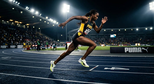 A high-speed action shot of a professional athlete sprinting on a track, featuring the sleek, aerodynamic silhouette of the Puma Fast-R Nitro Elite 3 under dramatic stadium floodlights.