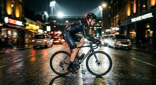 A cinematic shot of a cyclist in sleek athletic gear navigating a rain-slicked urban street at night with motion blur and sharp stadium lighting.