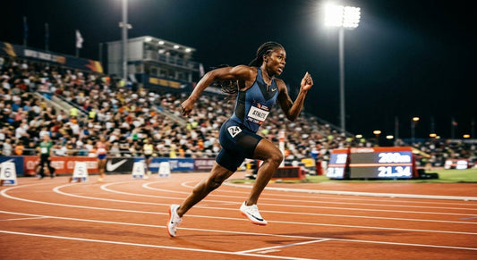A professional runner sprinting on a track under dramatic stadium lights with motion blur capturing the intensity of the speed.