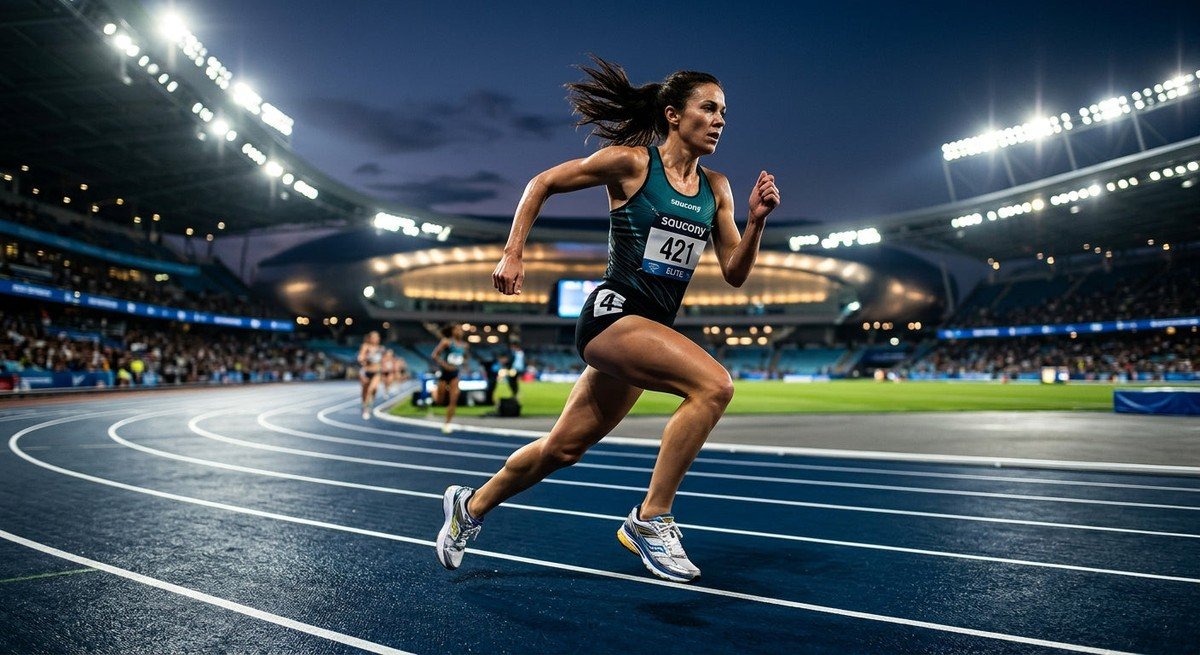 High-speed action shot of a professional runner wearing the Saucony ProGrid Guide 7 on a modern track under cinematic stadium lights.