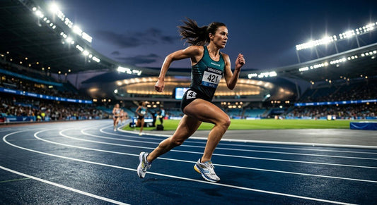 High-speed action shot of a professional runner wearing the Saucony ProGrid Guide 7 on a modern track under cinematic stadium lights.