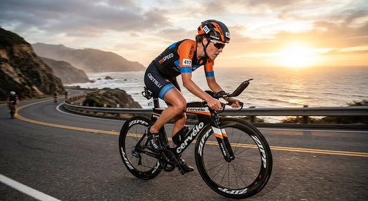 A high-speed action shot of a professional triathlete cycling on a coastal road during a golden hour race.