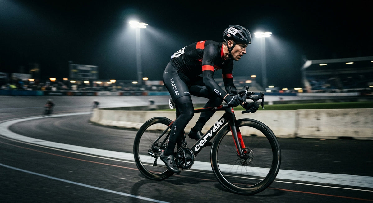 A professional cyclist in high-speed motion wearing thermal bib tights, captured with cinematic stadium lighting and dramatic contrast.