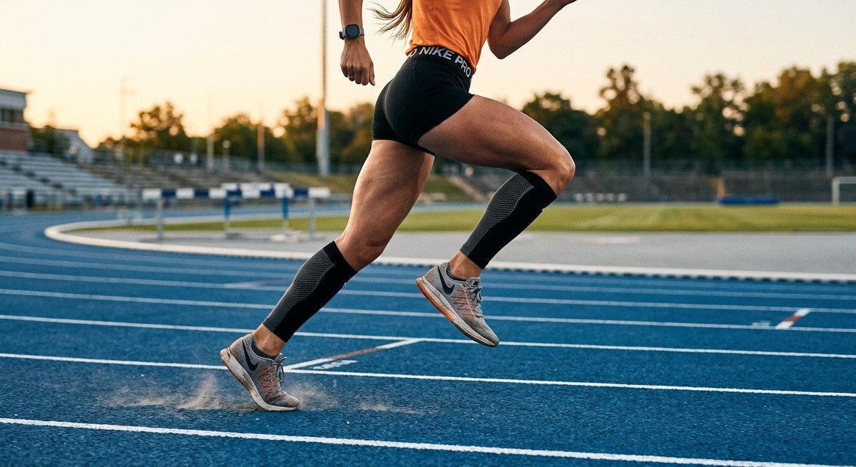 A side-profile shot of a runner's legs in motion on a track, captured with high-speed shutter to emphasize professional form and muscle engagement.