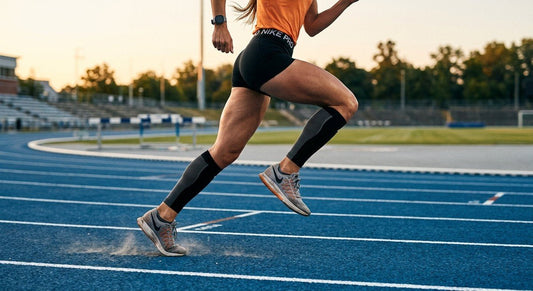 A side-profile shot of a runner's legs in motion on a track, captured with high-speed shutter to emphasize professional form and muscle engagement.