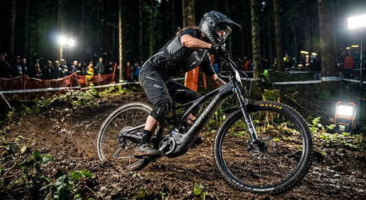 A high-speed action shot of a mountain e-bike carving through a muddy trail with cinematic stadium lighting highlighting the motor housing