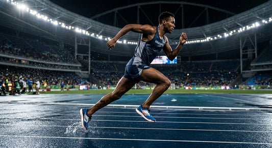 Professional high-speed action shot of a male runner wearing Saucony Hurricane 26 shoes on a wet track with cinematic stadium lighting.