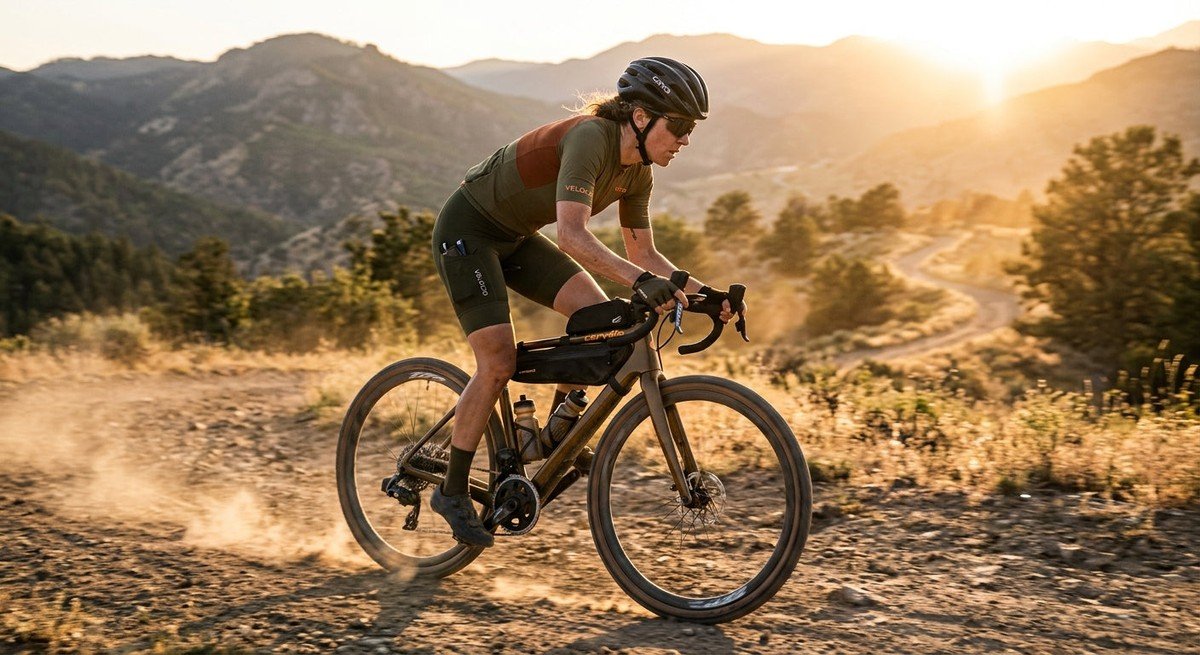 A gravel cyclist wearing cargo bib shorts riding through a dusty trail at sunset with motion blur on the wheels.