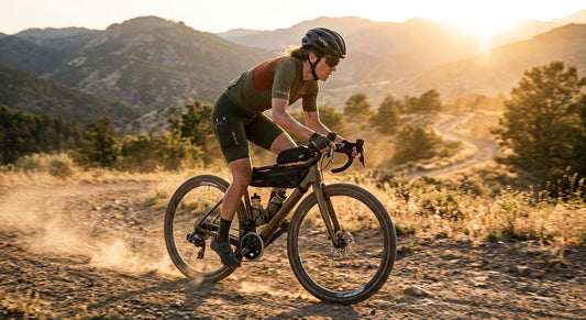 A gravel cyclist wearing cargo bib shorts riding through a dusty trail at sunset with motion blur on the wheels.