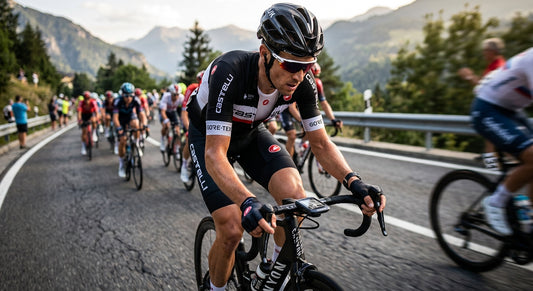 A professional cyclist glancing at a handlebar-mounted bike computer displaying real-time power and nutrition data during a high-speed road race.