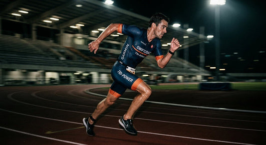 A professional triathlete in a blurred motion running sprint, captured in moody stadium lighting with intense focus and realistic sweat textures.