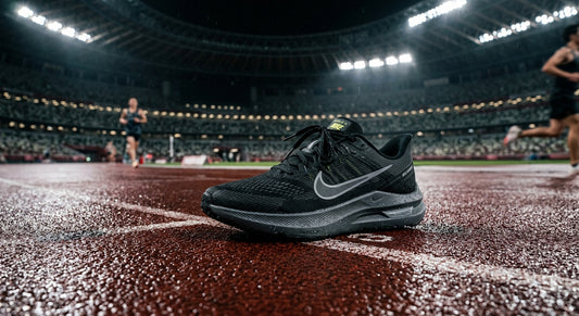 A close-up shot of the Nike Winflo 12 sitting on a wet running track with dramatic stadium lighting.