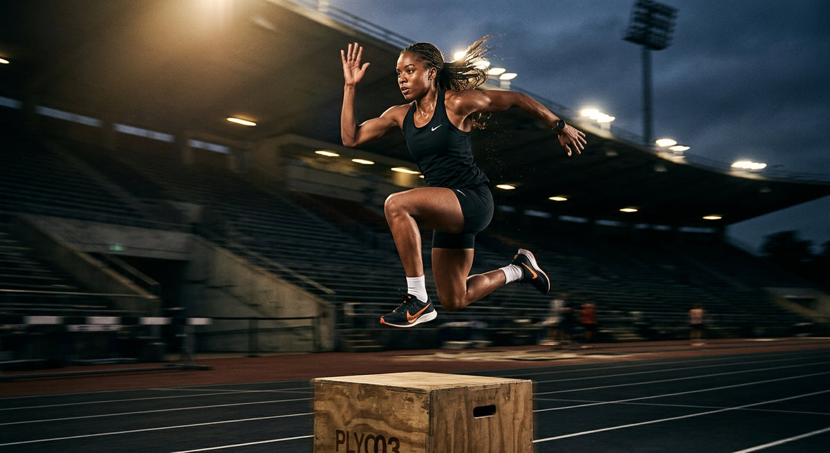 A professional runner mid-air during a high-intensity plyometric box jump in a moody, dimly lit stadium with cinematic lighting and dramatic motion blur.