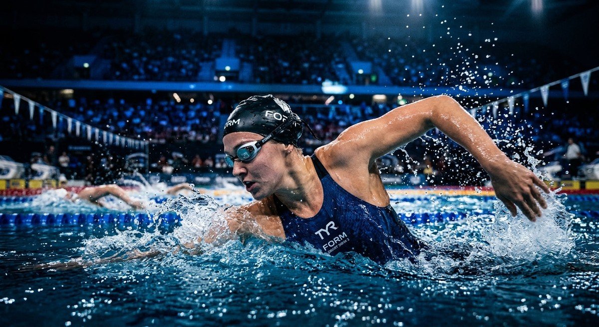 A professional swimmer wearing Form Smart Swim 2 goggles, captured in a high-speed action shot with dramatic stadium lighting and water droplets mid-air.