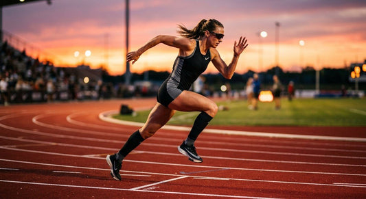 Professional high-speed action shot of a runner wearing Oakley Meta HSTN sunglasses during a sunset sprint, motion blur on the background tracks.