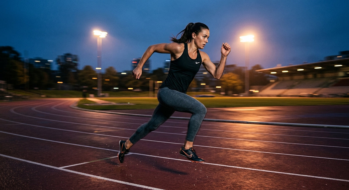 A professional athlete running on a track at dusk with cinematic lighting and motion blur, high-speed photography.