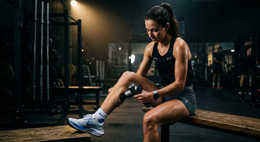 A professional long-distance runner using a high-end percussion massage gun on their calf muscle in a dark, moody gym setting with cinematic lighting.