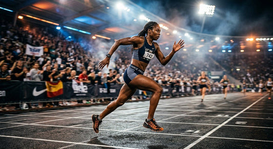 A professional athlete in sharp focus sprinting during a high-intensity functional fitness race with dramatic stadium lighting and motion blur.