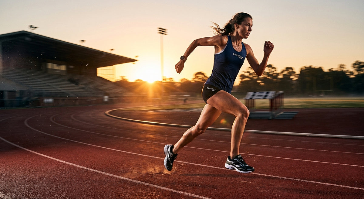 High-speed action shot of a professional runner wearing Saucony ProGrid Triumph 4 during a sunrise track session with motion blur.