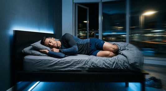 Professional endurance athlete sleeping soundly in a dark, modern room with subtle blue light accents and high-speed motion blur effect.