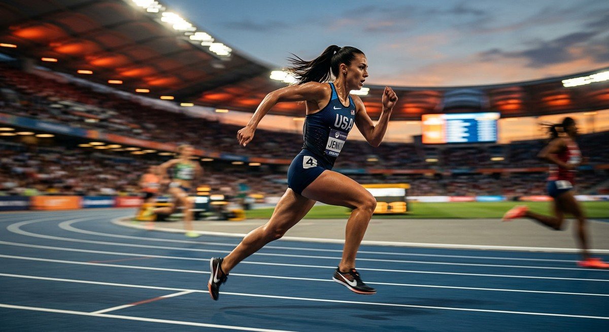 A professional middle-distance runner sprinting on a synthetic track at dusk, captured with high-speed motion blur and cinematic stadium lighting.
