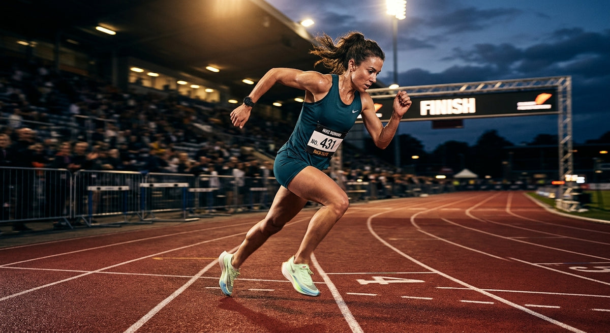 A professional endurance runner sprinting on a track at dusk, with cinematic stadium lighting highlighting the motion blur and sharp athletic focus.