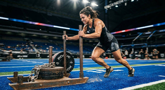 A professional hybrid athlete performing a heavy sled push on a turf track with cinematic stadium lighting and high-speed motion blur.