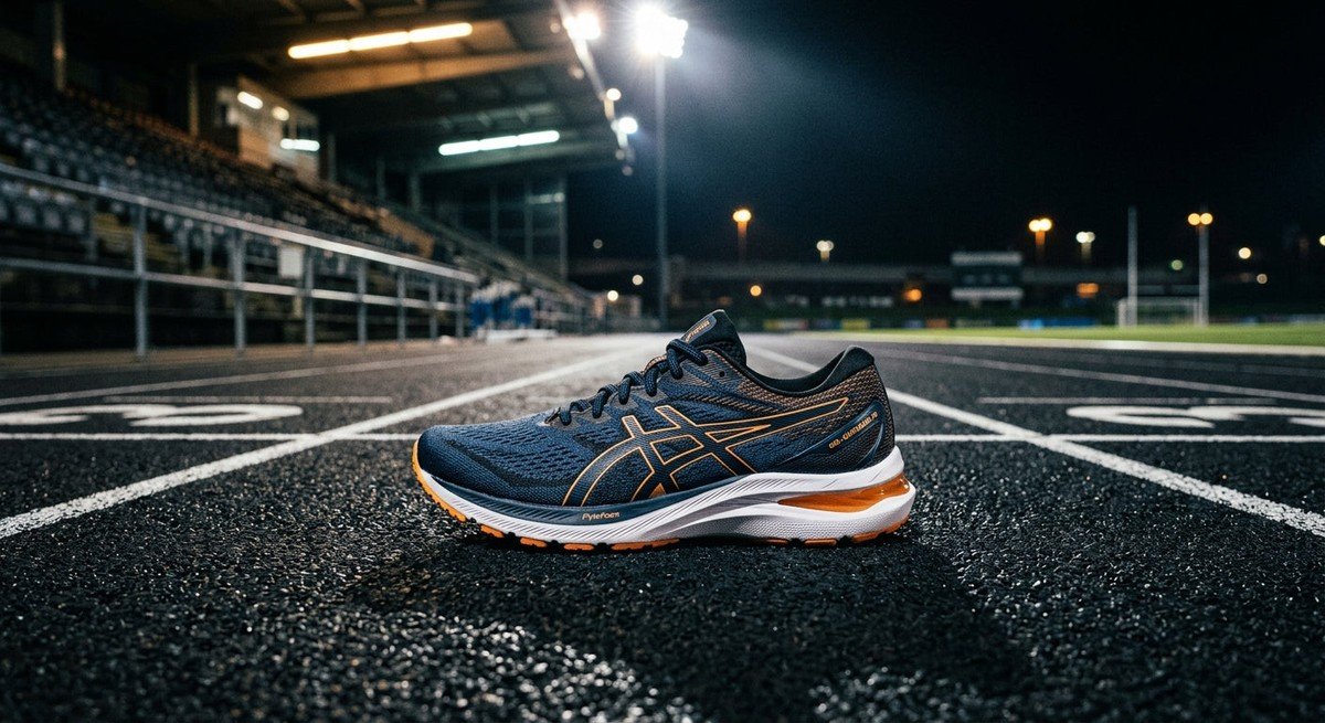 A side profile of the ASICS Cumulus 28 sitting on a dark rubber track under dramatic stadium floodlights.