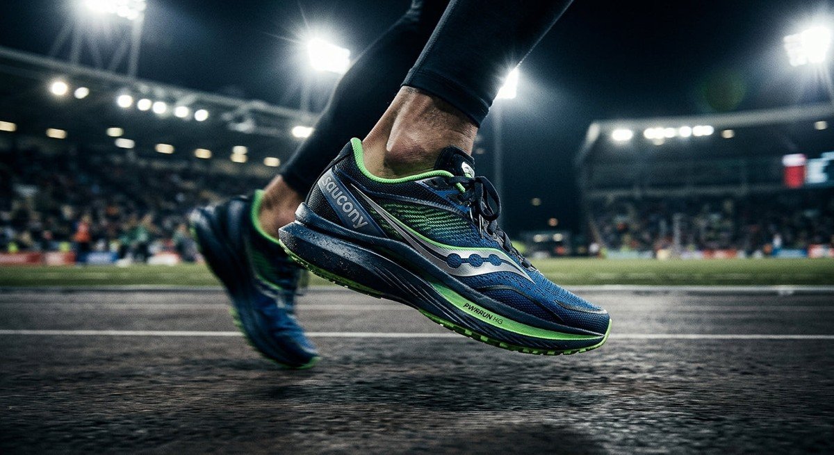 A side-profile shot of a sleek, futuristic Saucony racing shoe with motion blur under dramatic stadium lights.