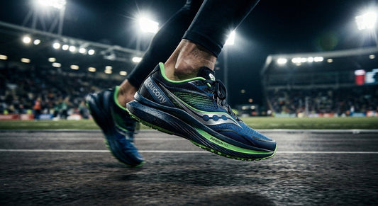 A side-profile shot of a sleek, futuristic Saucony racing shoe with motion blur under dramatic stadium lights.
