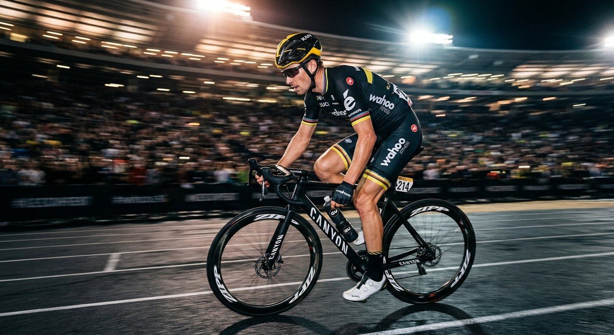 Professional cyclist in a blurred motion shot, reaching for a sleek gel flask mounted on a custom frame, cinematic stadium lighting highlighting the intensity.