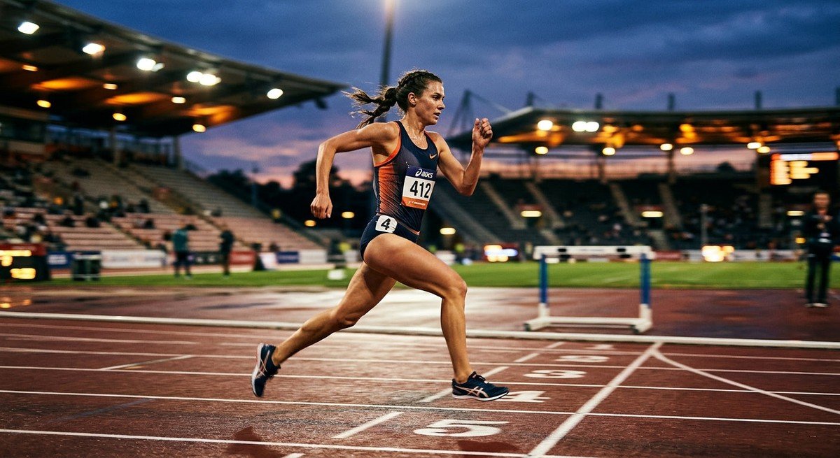 A professional endurance runner sprinting on a track at dusk, captured with high-speed motion blur and cinematic stadium lighting.