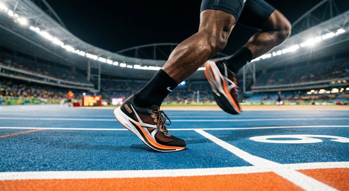 Professional close-up of a high-performance running shoe on a synthetic track with dramatic stadium lighting and high-speed motion blur