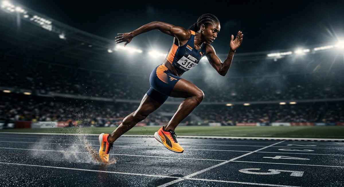 Professional high-speed action shot of the Puma Deviate NITRO Elite 4 on a sprinting athlete in a dark, moody stadium with dramatic lighting.