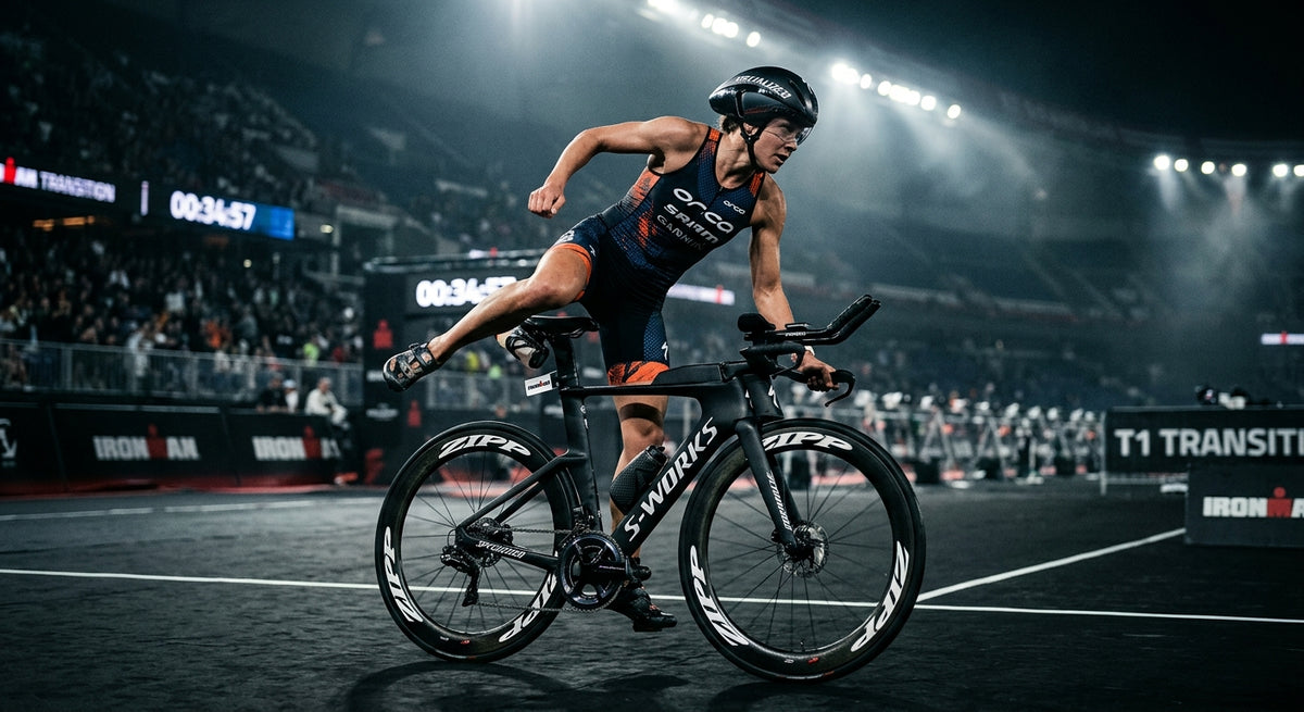 A professional triathlete performing a high-speed flying mount onto a bicycle with moody cinematic stadium lighting.