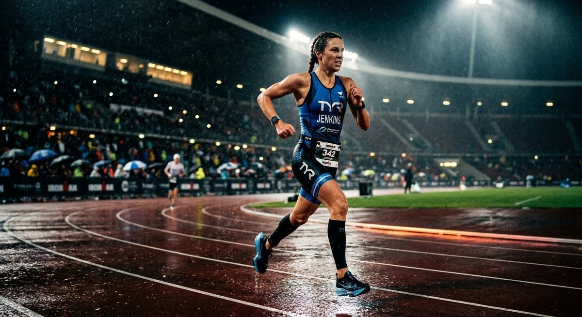 A professional triathlete running through a rainy stadium at night with dramatic cinematic lighting and motion blur.