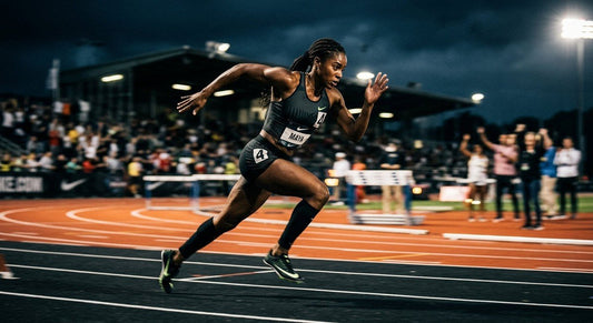 A professional sprinter in a dark, moody stadium with dramatic lighting and motion blur, capturing high-intensity movement.