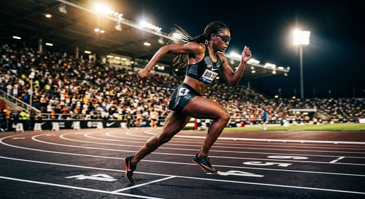 A professional athlete wearing sleek, high-performance sunglasses during a high-speed sprint on a track with cinematic stadium lighting.