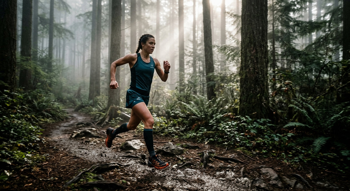 A female trail runner sprinting through a misty forest at dawn, captured with high-speed cinematic lighting.