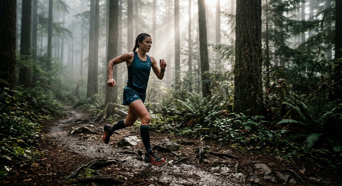 A female trail runner sprinting through a misty forest at dawn, captured with high-speed cinematic lighting.
